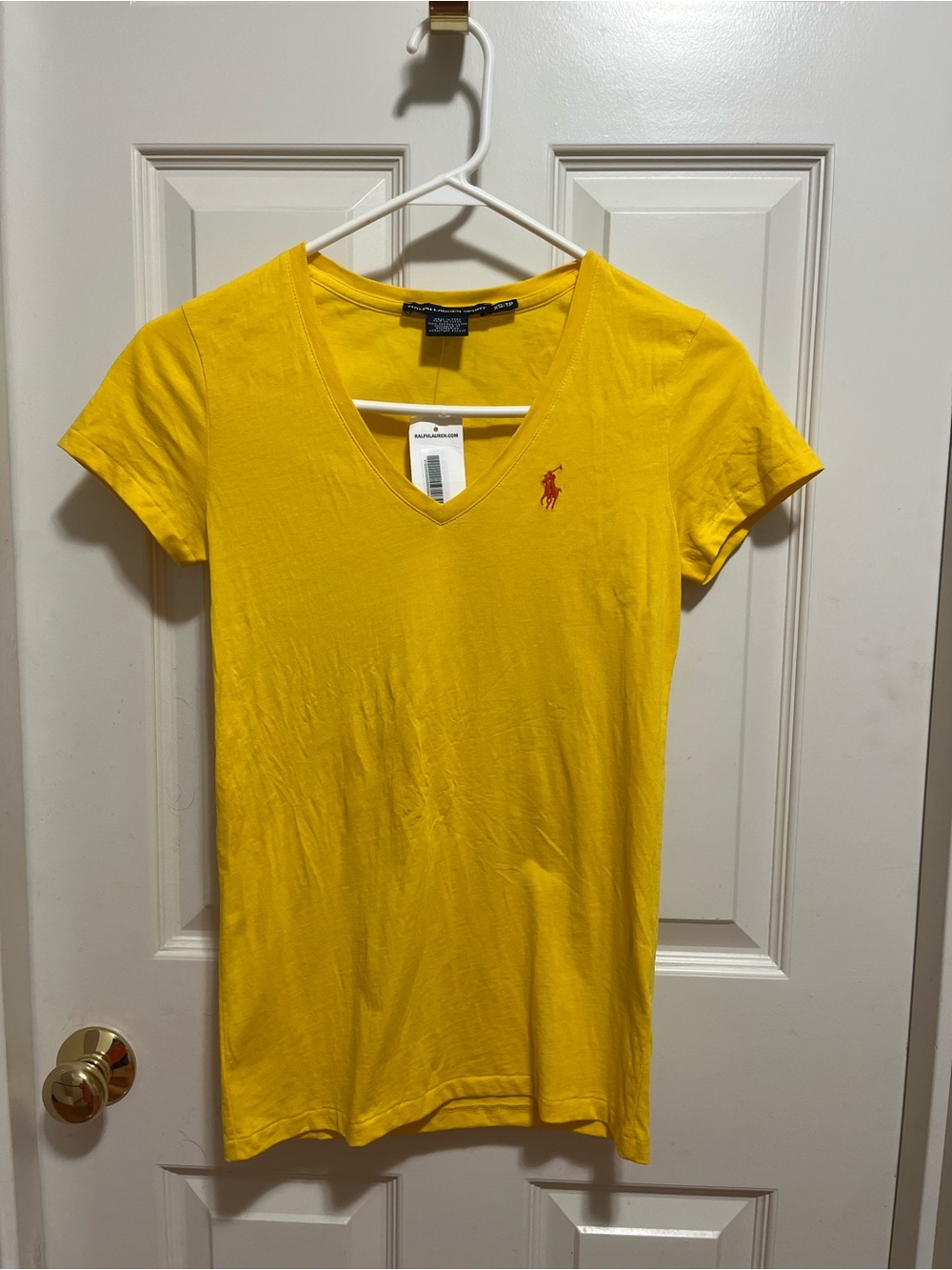 Ralph Lauren Women's Bright Yellow V-Neck Tee with Red Polo Pony